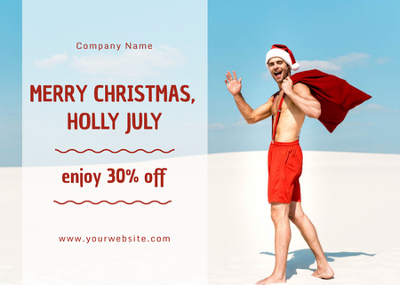 Platilla de diseño Cheerful Man in Santa Claus Costume Standing on Beach in Sunny Day Postcard 5x7in