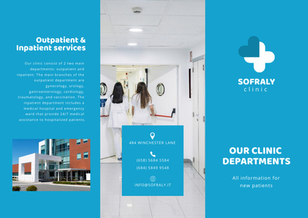 Klinikai szolgáltatások ajánlata kéken Brochure tervezősablon