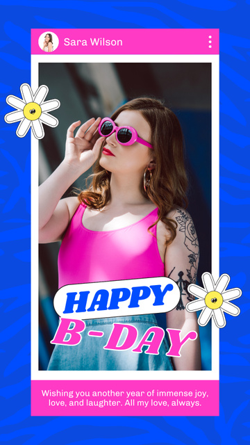 Happy B-Day on Bright Blue and Pink Instagram Story Design Template