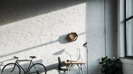 Cozy Home Workplace with Bike and Flower Zoom Background Modelo de Design