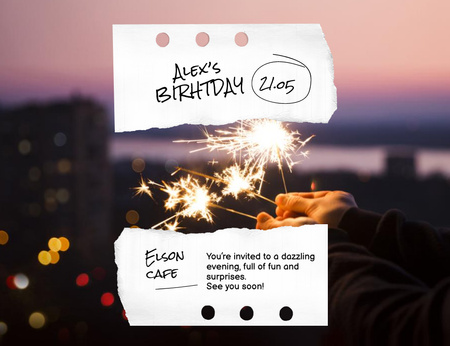 Platilla de diseño Birthday Party Announcement With Sparkles Invitation 13.9x10.7cm Horizontal