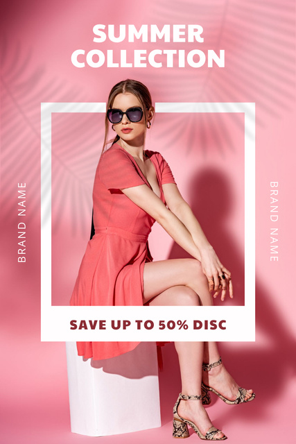 Woman in Coral Dress on Summer Fashion Sale Ad Pinterest Design Template