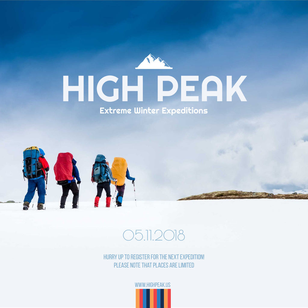 Winter Tour offer Hikers in Snowy Mountains Instagram AD Design Template