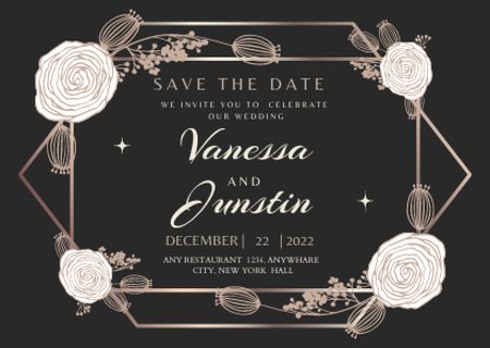 Wedding Invitation with Flowers in Black Postcard Tasarım Şablonu