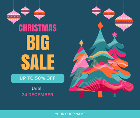 Christmas Sale Offer Colorful Trees and Baubles Facebook Design Template