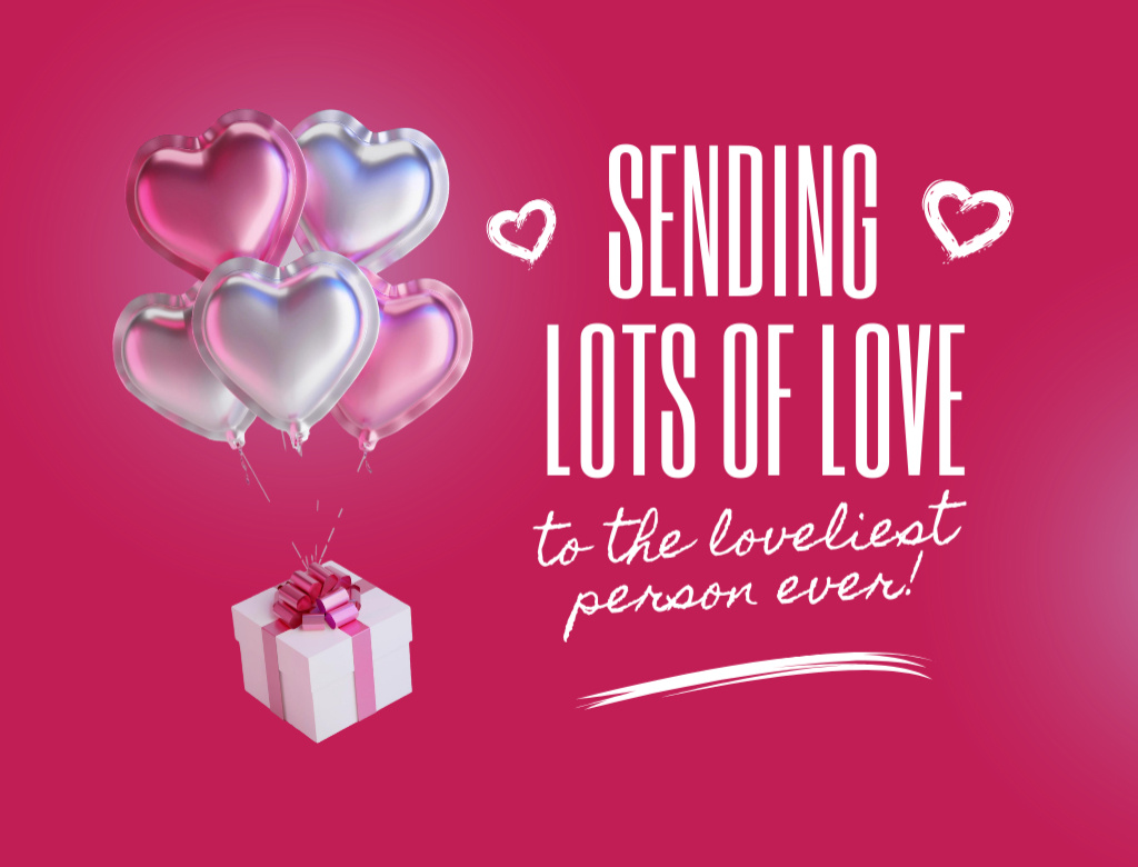 Ontwerpsjabloon van Postcard 4.2x5.5in van Valentine's Day Greeting with Hearts Air Balloons and Gift on Pink