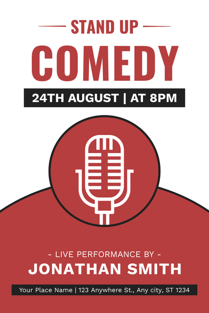 Stand-up Comedy Show with Microphone in Red Pinterest Design Template