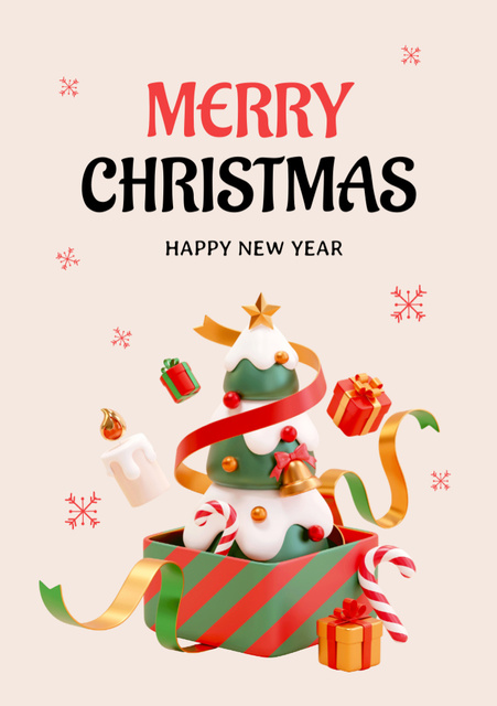 Christmas and New Year Cheers with Decorated Tree and Presents Postcard A5 Vertical Design Template