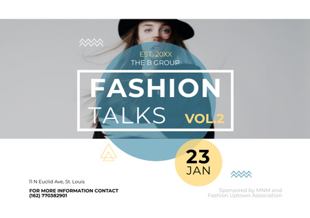 Fashion Talks Announcement with Stylish Woman in Hat Flyer A5 Horizontal Design Template