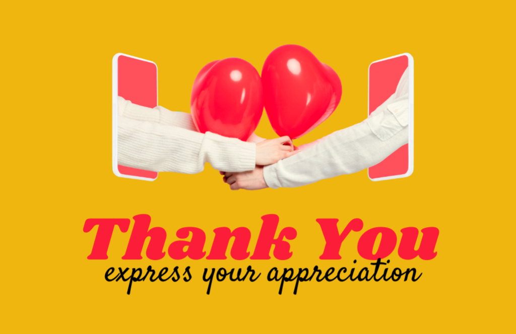 Szablon projektu Thankful Phrase with Heart-Shaped Balloons on Orange Thank You Card 5.5x8.5in
