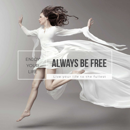 Mulher jovem bonita em vestido branco e citação inspiradora Instagram Modelo de Design
