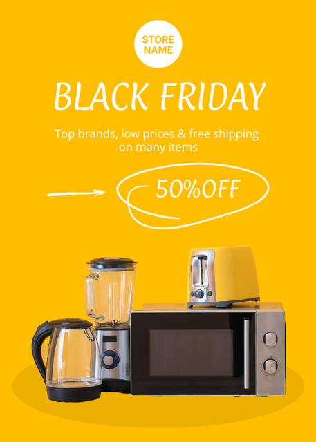Black Friday Kitchen Appliance Sale on Yellow Postcard 5x7in Vertical Design Template