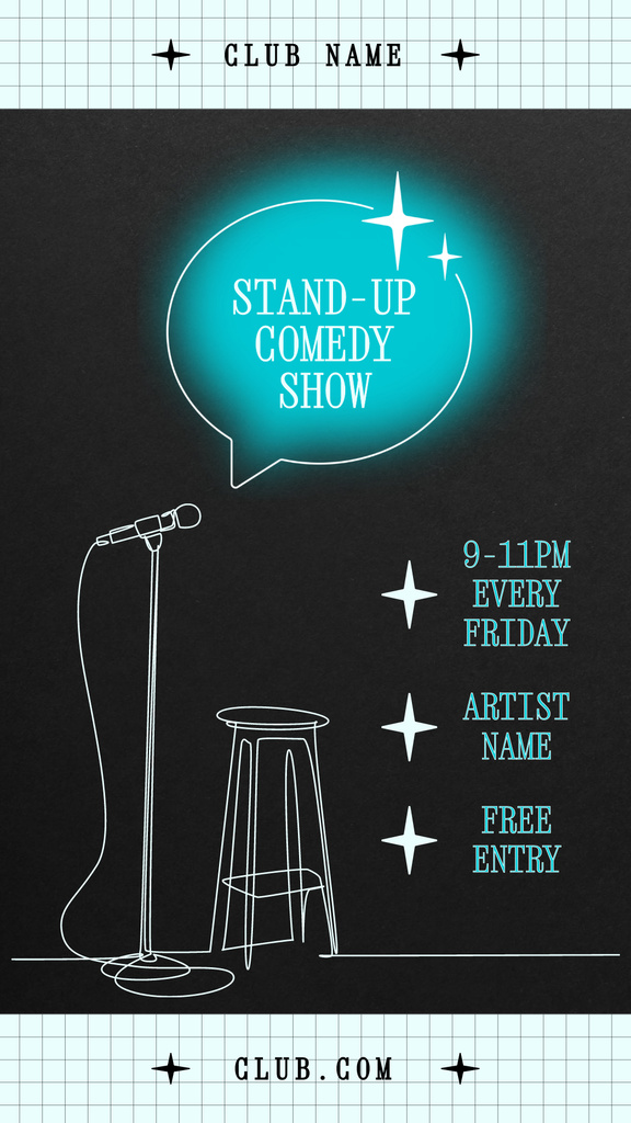 Designvorlage Joyful Stand-up Comedy Show with Stool and Microphone on Stage für Instagram Story