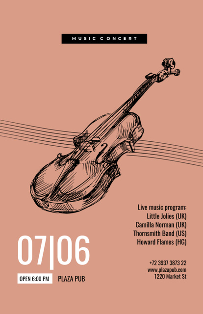 Announcement Of Classical Music Event With Violin Sketch Invitation 5.5x8.5in – шаблон для дизайна