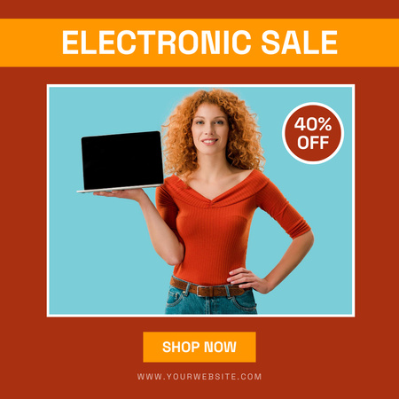 Mulher mostrando laptop para oferta de venda eletrônica Instagram Modelo de Design