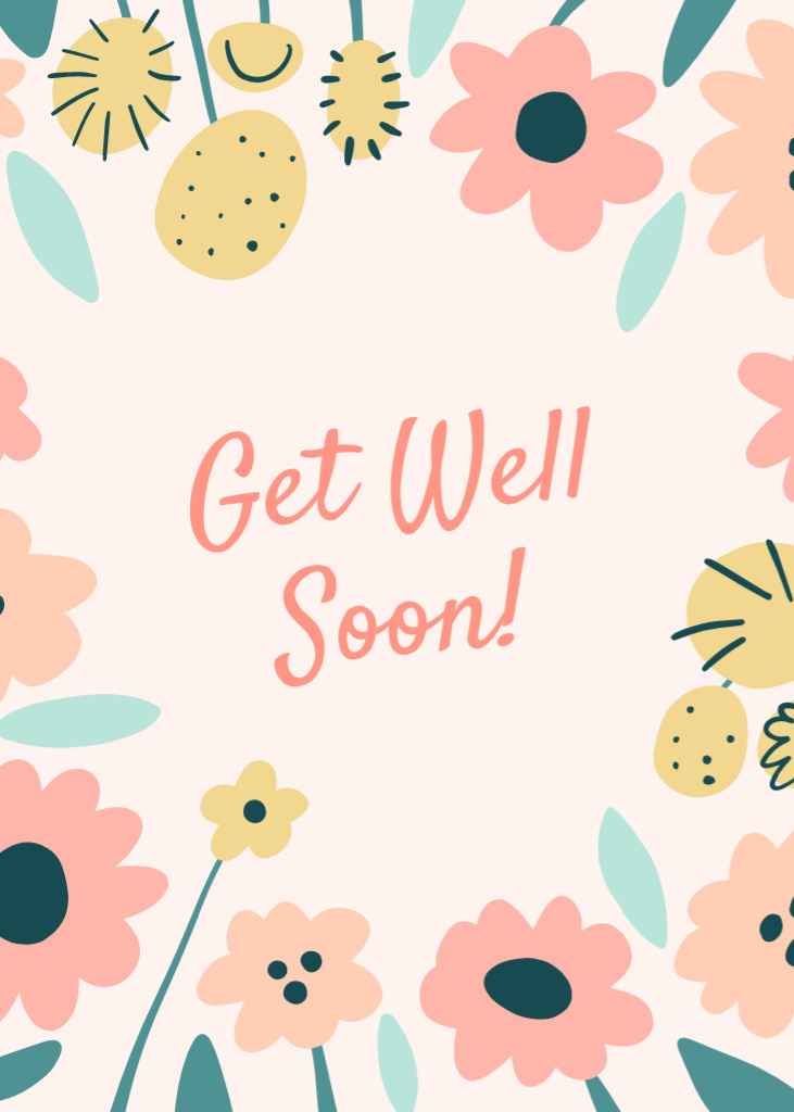 Get Well Soon Cute Wish With Illustrated Flowers Postcard 5x7in Vertical Design Template