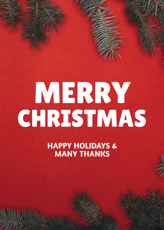 Designvorlage Frohe Weihnachten und frohe Feiertage wünscht mit Tannenzweigen auf Rot für Postcard 5x7in Vertical