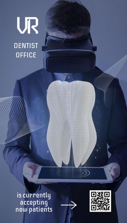 Man Wearing Virtual Reality Glasses Looking at Tooth Business Card US Vertical Design Template