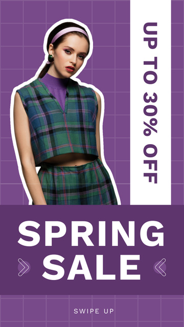 Spring Sale Offer with Woman on Purple Instagram Story Modelo de Design