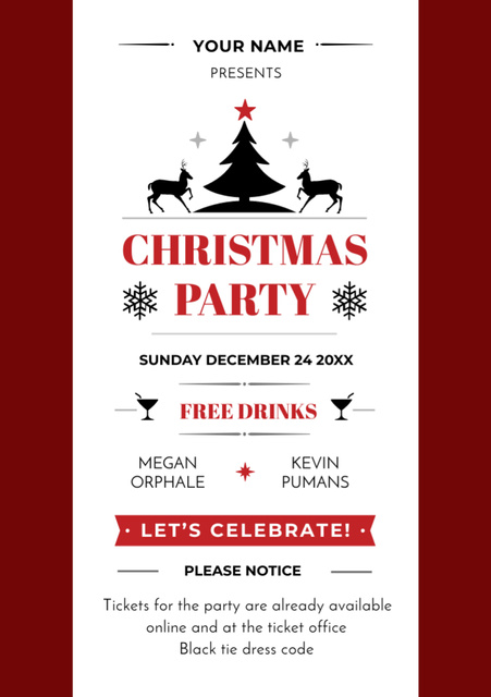 Christmas Party Advertisement with Deer and Tree Flyer A7 Design Template