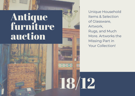 Antique Furniture And Artworks Auction Announcement Postcard 5x7in Design Template
