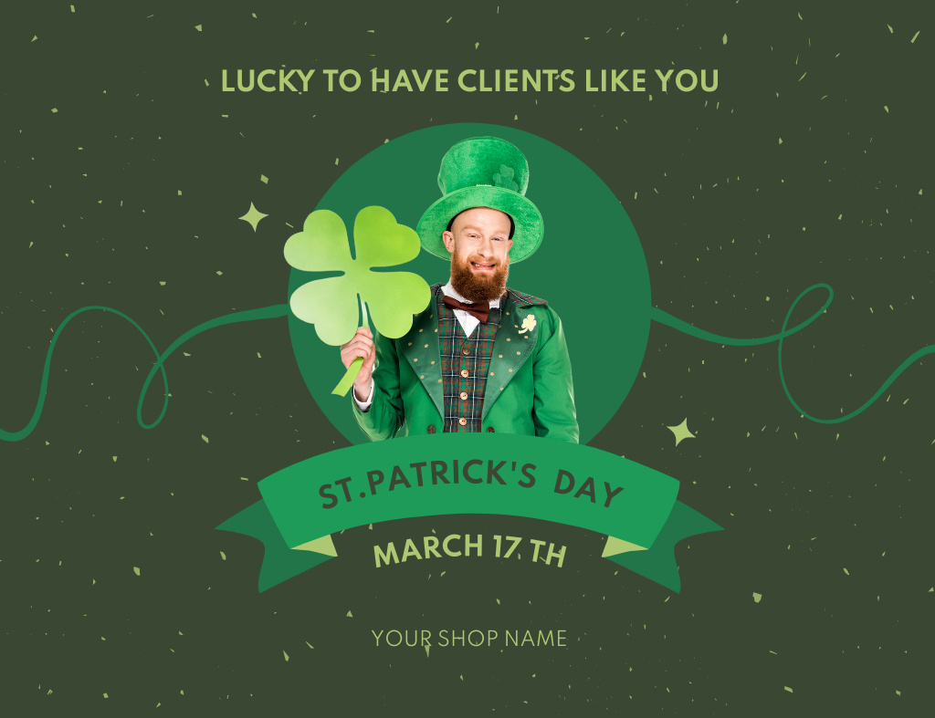 Happy St. Patrick's Day Greeting from Red Bearded Man Thank You Card 5.5x4in Horizontal Design Template