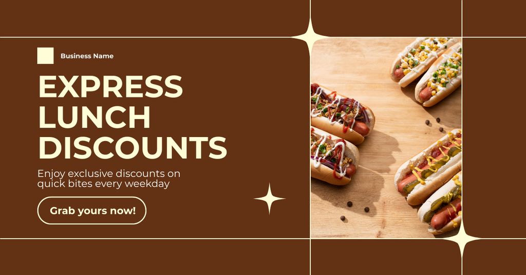 Offer of Discount on Express Lunch with Hot Dogs Facebook AD Design Template