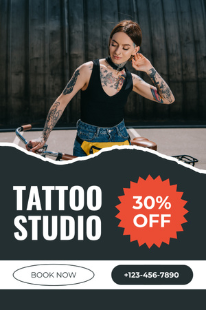 Designvorlage Künstlerisches Tattoo-Studio mit Rabatt- und Buchungsangebot für Pinterest