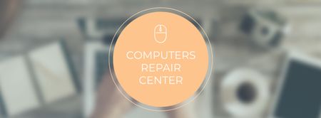 Computer Repair services with laptop at workplace Facebook cover Design Template