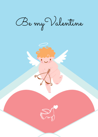 Plantilla de diseño de Cita de Amor con Adorable Cupido con Corazón Rosa Postcard 5x7in Vertical 