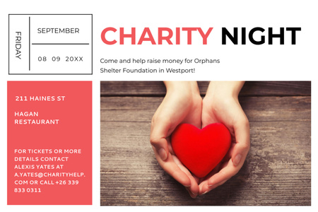 Charity Event with Hands Holding Red Heart on Wooden Table Flyer 4x6in Horizontalデザインテンプレート