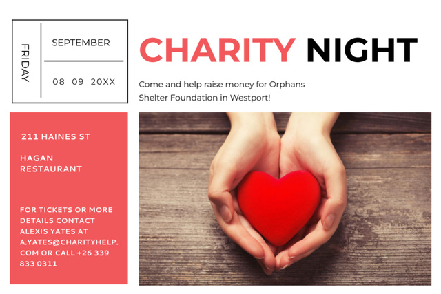 Charity Event with Hands Holding Red Heart on Wooden Table Flyer 4x6in Horizontal Design Template