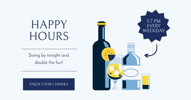 Ontwerpsjabloon van Facebook AD van Happy Hour Announcement Every Weekday for Alcoholic Drinks