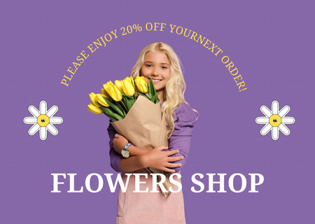 Kaunis hymyilevä nainen kukkakauppias pitelee keltaista kukkakimppua Card Design Template
