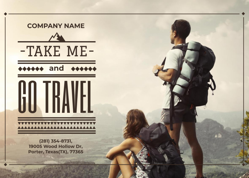 Template di design Tour Inspiration with Hikers in Mountains with Backpacks Flyer 5x7in Horizontal