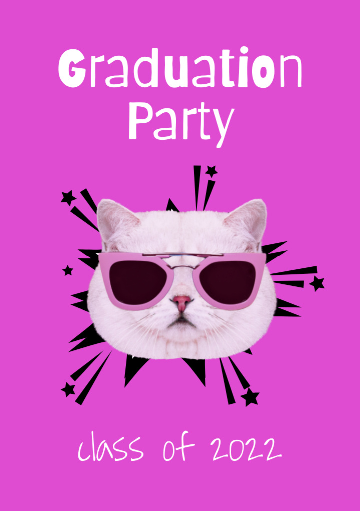 Graduation Party Announcement with Funny Cat in Sunglasses Flyer A5 Πρότυπο σχεδίασης