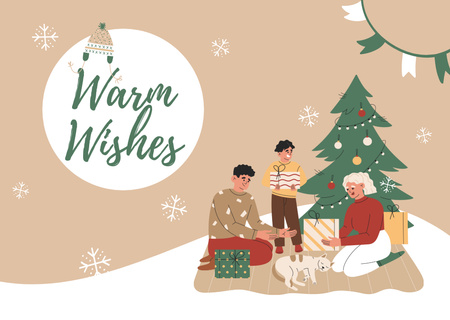 Platilla de diseño Christmas and New Year Wishes Happy Family Illustration Postcard