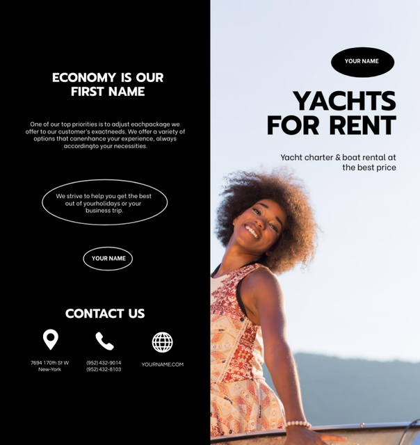 Yacht Rent Offer with Smiling African American Woman Brochure Din Large Bi-fold – шаблон для дизайна