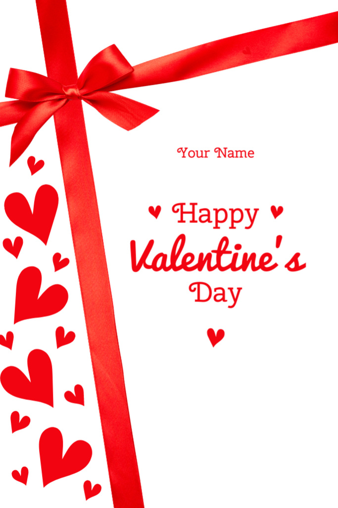 Valentine's Day Greeting with Red Ribbon Bow and Cute Hearts Postcard 4x6in Vertical – шаблон для дизайна