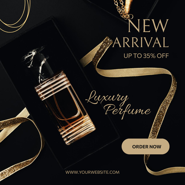 Designvorlage Perfume Bottle with Gold Ribbons für Instagram