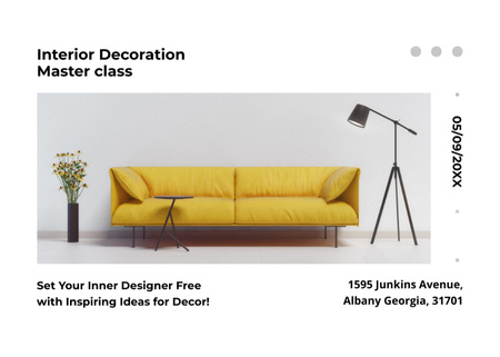 Designvorlage Innendekoration Masterclass Anzeige mit gelber Couch mit Lampe und Blumen für Flyer 5x7in Horizontal