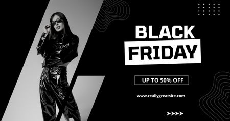 Plantilla de diseño de Oferta de viernes negro con mujer con impresionante traje de cuero Facebook AD 