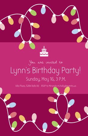 Születésnapi parti meghívó színes fényfüzérrel, rózsaszín Flyer 5.5x8.5in tervezősablon