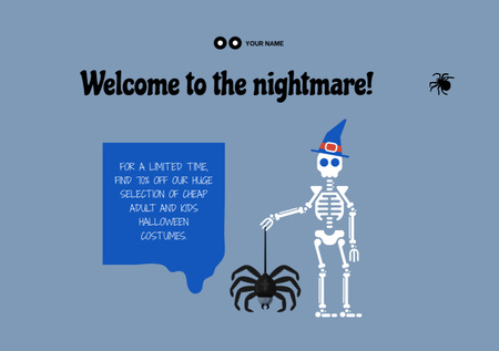 Funny Skeleton with Big Spider on Halloween Flyer A5 Horizontal tervezősablon