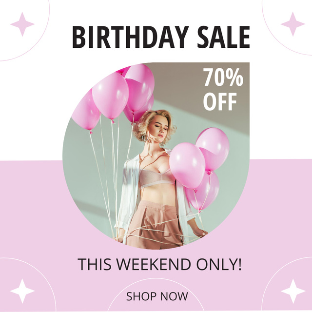 Birthday Sale with Woman and Balloons Instagram ADデザインテンプレート