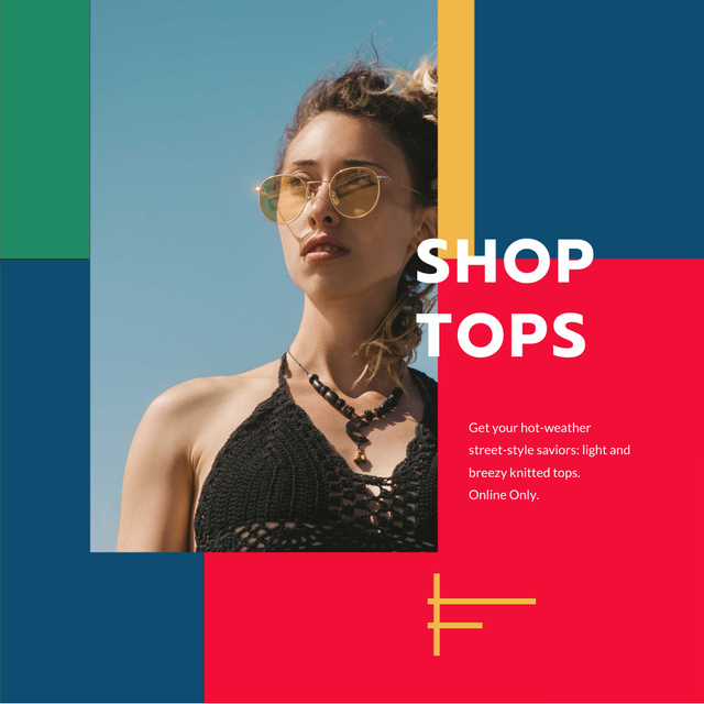 Modèle de visuel Fashion Tops sale ad with Girl in sunglasses - Animated Post