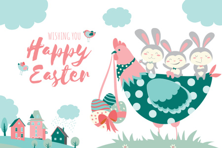 Happy Easter Wishes with Chicken and Bunnies Postcard 4x6in Design Template