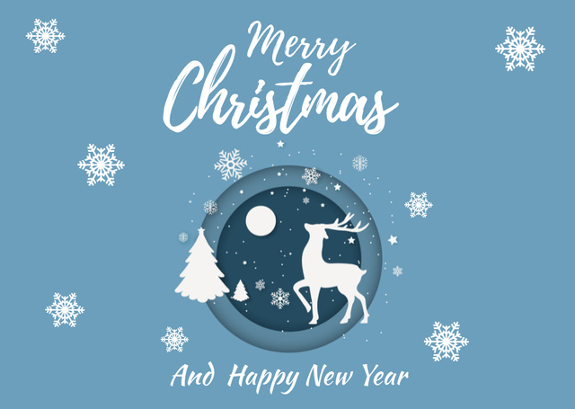 Winter Holidays Greeting with Deer Shape on Blue Card Design Template