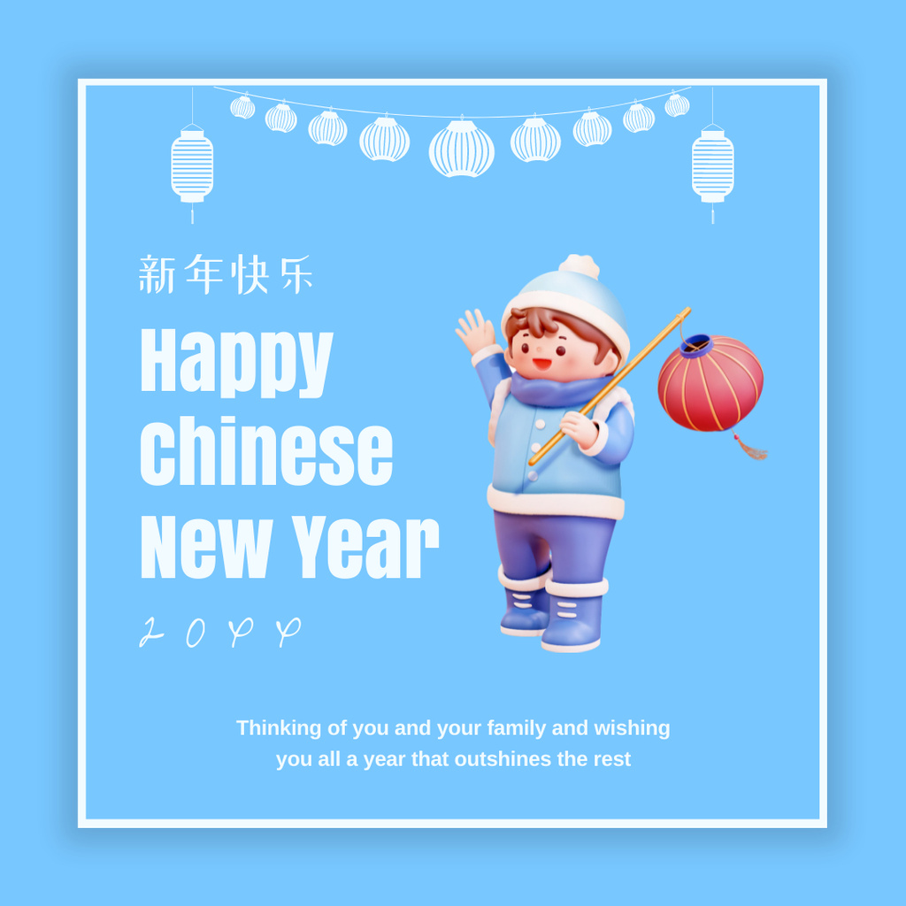 Happy Chinese New Year Greetings with Picture of Boy on Blue Instagram Modelo de Design