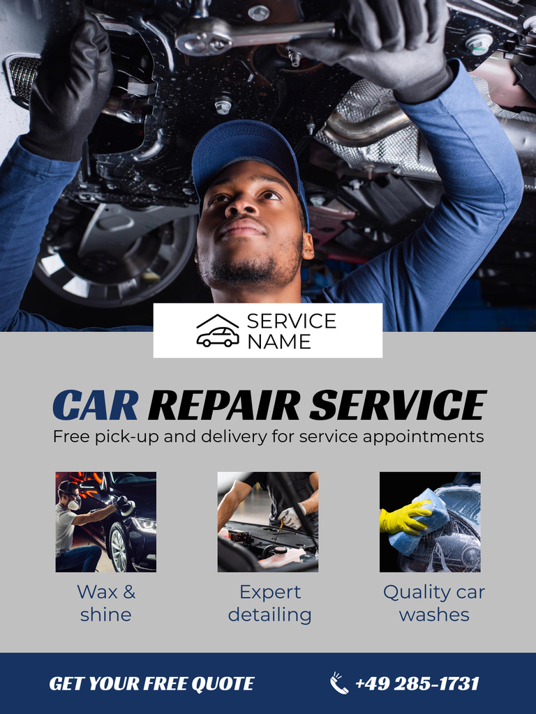 Offer of Car Repair Services with Repairman Poster US Tasarım Şablonu